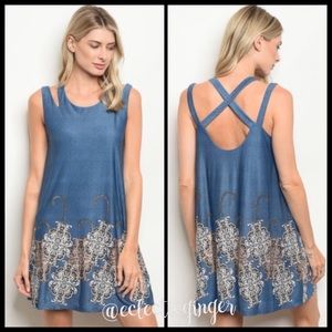 Blue lace bordered strappy back sleeveless dress Medium M